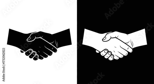 Two contrasting handshakes, one black silhouette and one white outline, symbolizing agreement and partnership.