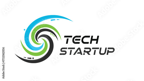 A modern, abstract logo design featuring swirling lines in blue, green, and black, alongside the text 