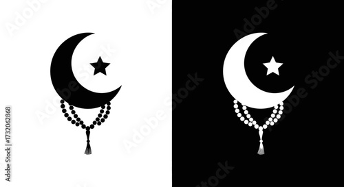 A graphic illustration of the Islamic crescent moon and star symbol with prayer beads, shown in black and white inverse versions.