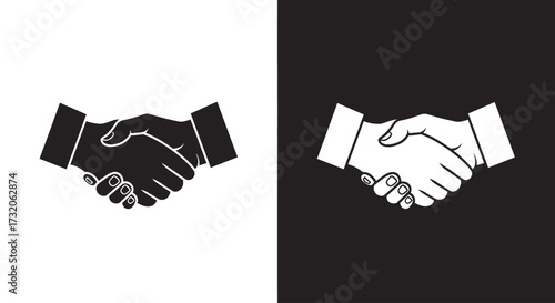 Black and white vector icons of a firm handshake, symbolizing a successful business agreement or deal.