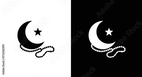 A crescent moon with a star and prayer beads, a prominent symbol of Islam, shown in black and white versions.