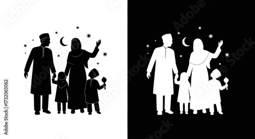 A silhouette of a Muslim family with two children standing together under a starry night sky with a crescent moon.