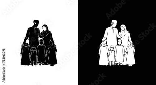 A silhouette graphic of a traditional Muslim family with a father, mother, and three children standing together.