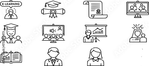 Education and learning line icon set. E-learning, graduation, diploma, online class, presentation, student and teacher icon vector illustration