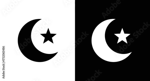 A graphic illustration of the Islamic crescent moon and star symbol shown in two contrasting black and white versions.