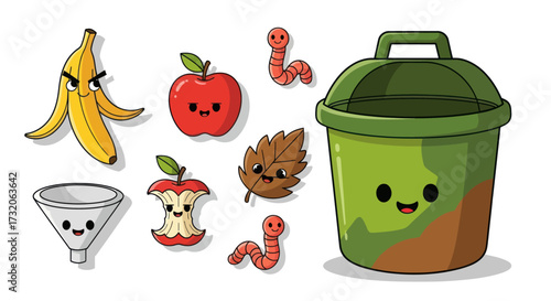 Set of cute kawaii composting icons with smiling faces including a bin food scraps worms and a leaf.