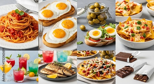 Collage of various food and drinks including pasta, eggs, nachos, fish, cocktails, and chocolate bars