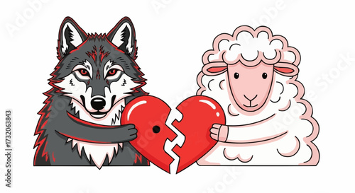 Wolf and Sheep Fixing Heart Vector