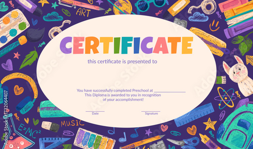 Colorful school and preschool diploma certificate for kids and children in kindergarten or primary grades with doodle elements, crayon scribbles, chalk on background. Vector cartoon flat illustration