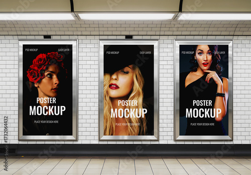 Three Vertical Poster Mockups in Subway Station