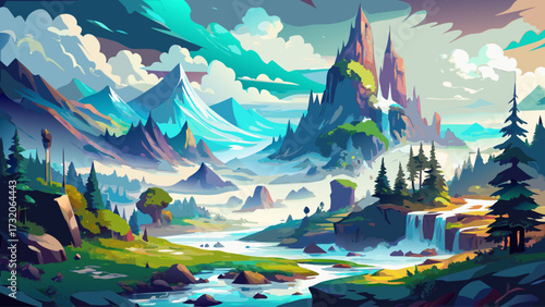 A beautiful fantasy landscape on a white background. Mountains, trees, fog. Watercolor painting. Abstract intricate splashes of paint on a white background. Generative 