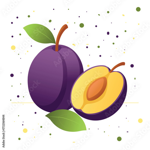 Fresh an appetizing plum with a leaf, with half of the fruit cut off with pit in modern minimalistic flat style, soft gradients and dotted background. 