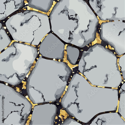 A captivating close-up of light gray stone with molten gold flowing through its dramatic cracks, creating a luxury texture