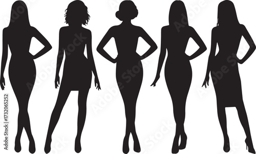 Silhouettes of Style: A collection of five stylized female silhouettes, each embodying elegance, grace, and confidence. Showcasing a diverse array of fashion choices. 