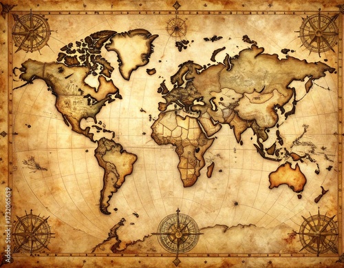 Antique world map displaying continents and oceans with aged paper texture and ornate compass roses evoking a sense of exploration and historical discovery.