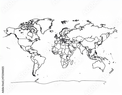 World map showing continents and countries in black and white outline on a white backdrop, creating a simple, educational resource.