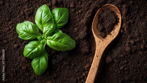 Green basil plant next to wooden spoon filled with soil, resting on rich brown earth
