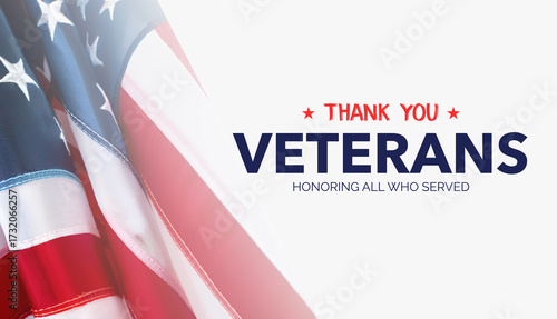 Veterans Day Background Design with Honoring all who served lettering and USA flag illustration. Banner, Poster, Greeting Card. Vector Illustration.