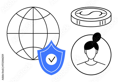 Globe, shield with check, coin, and user avatar linking global economy, online protection, and digital identity. Ideal for finance, security, globalization technology user access e-commerce