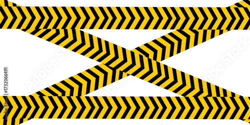 Horizontal and crossed caution tapes with black and yellow chevron print. Warn borders in construction work zone or criminal scene. Hazard, risk, emergency or stop signs.