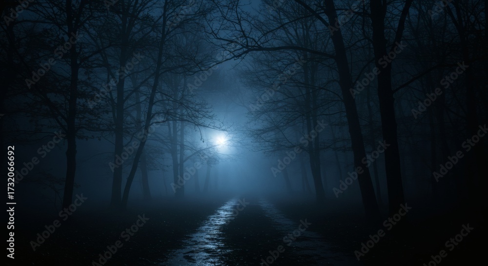 Fototapeta premium Misty Moonlight Eerie Path through Dark Forest with Gloomy Night Ambience.