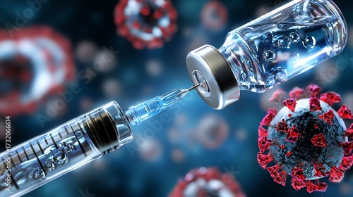 A close-up view of a syringe extracting a vaccine from a vial, surrounded by representations of viruses