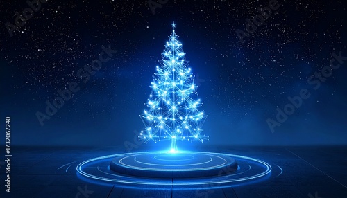 Holographic Christmas Tree on a Glowing Platform Against a Dark Starry Sky