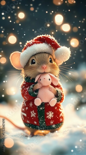 Cute mouse wearing a Christmas hat and holding a plush rabbit in snow  