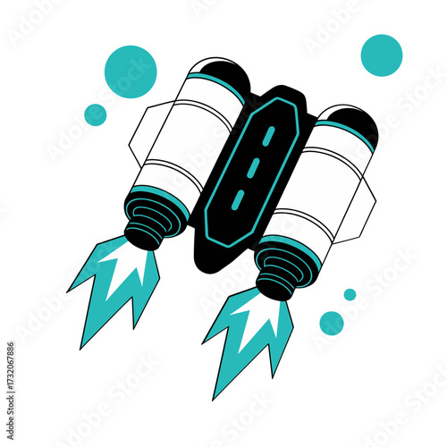 jetpack booster set, dual thrusters, rocket flames, space travel equipment, sci fi gadget, aviation label, vector illustration