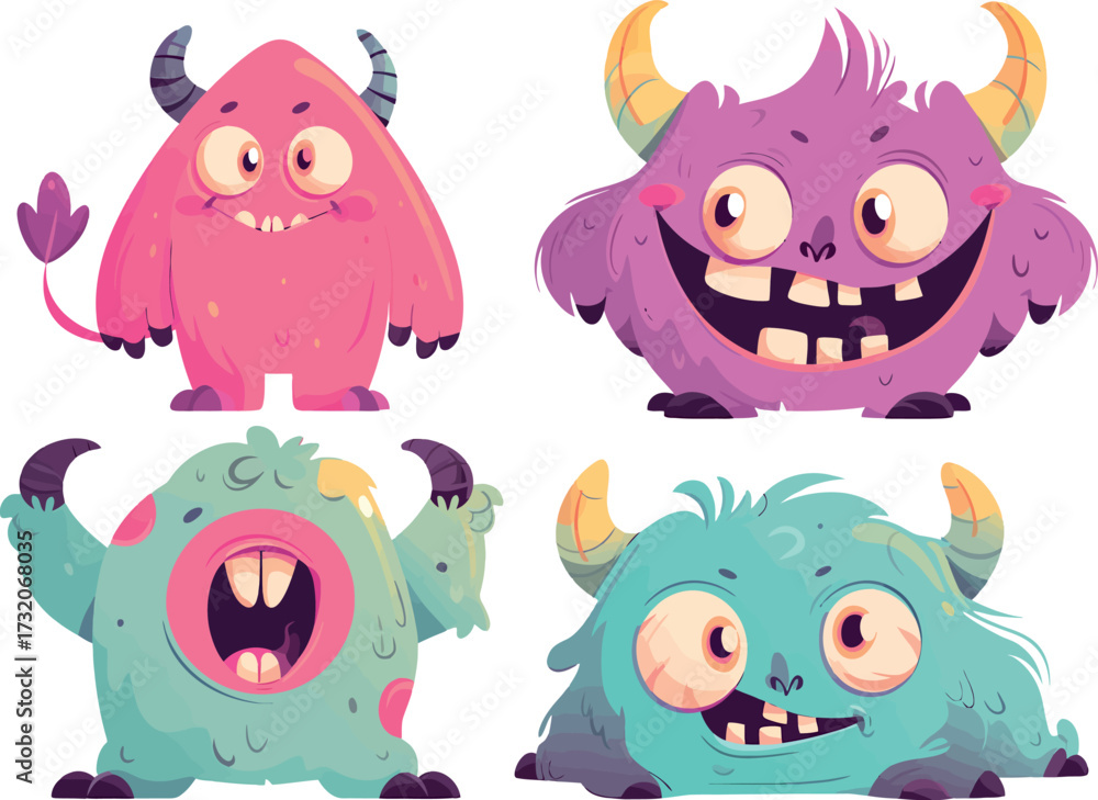 Obraz premium A set of cute cartoon monsters in bright colors. Adorable fantasy creatures with horns, tails, and big eyes, perfect for kids illustrations, stickers, and games.