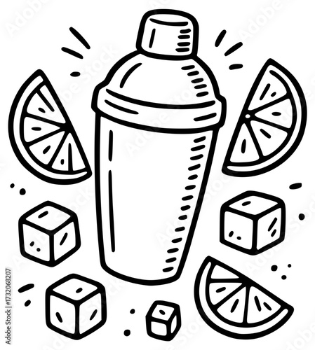 Shaker with ice cubes with lemonade and lime