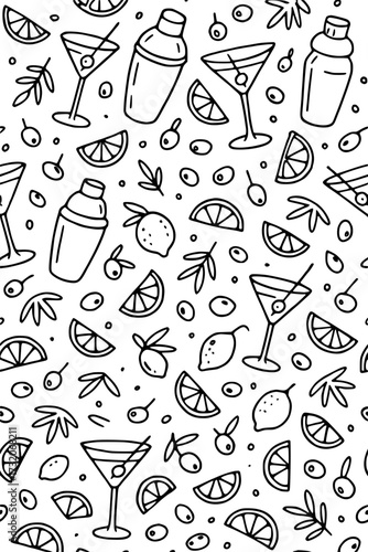 Pattern with cocktails, shakers and olives