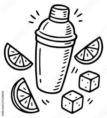 Shaker with slices and ice cubes