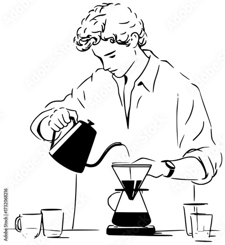 A male barista makes coffee near a coffee machine