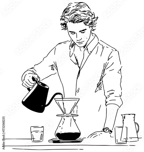 The barista makes coffee and pours it into a mug