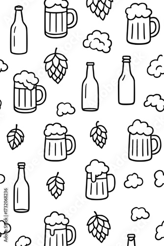 Pattern with beer bottles and mugs