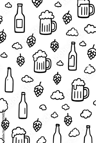 Pattern with beer and bottles with pieces of hops