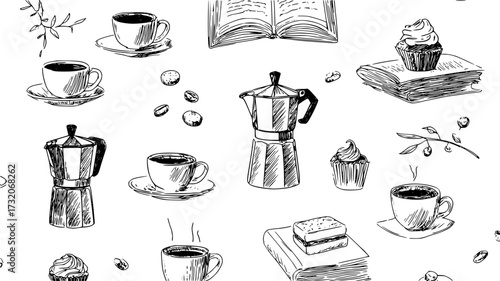 Coffee pattern with cups and desserts