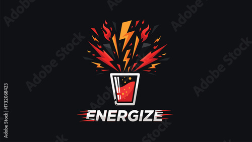 Dynamic explosion of energy and lightning bolts erupting from a glass of red beverage, symbolizing power and revitalization.