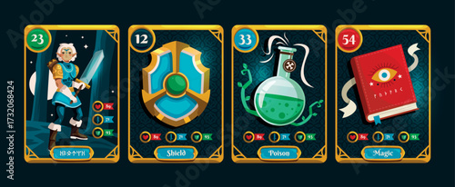 Vertical Fantasy RPG Playing Collection Cards Featuring Characters, Magic, and Weapons