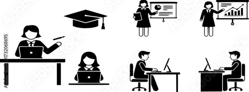 Learning icon set. teacher and student online learning, presentation, and office employee icons vector
