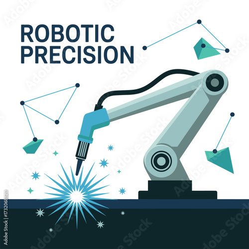 precision robotics welding scene, automated assembly workstation, sparks lighting, modern industry illustration, innovation technology banner, clean vector