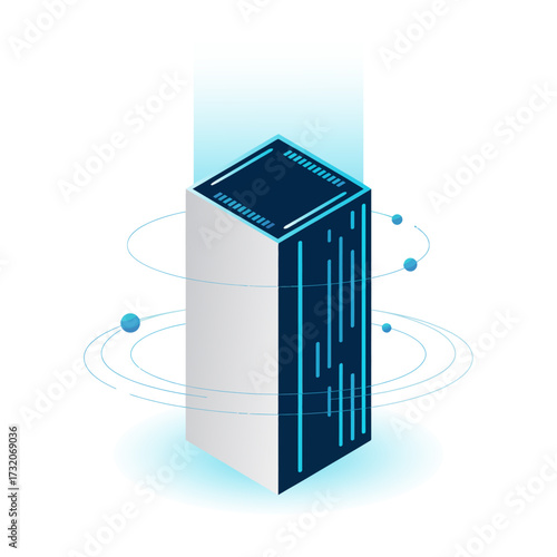 Futuristic data server tower, digital core with hologram rings, cloud computing technology, modern vector illustration, tech icon