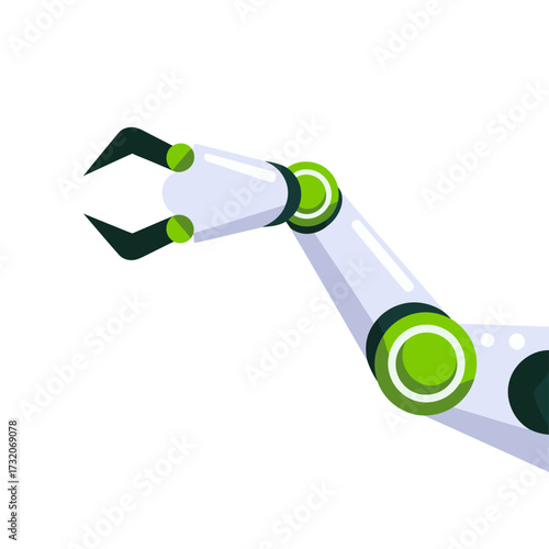 Robotic arm segment, precision gripper with green joints, industrial automation equipment, smart factory concept, engineering vector illustration