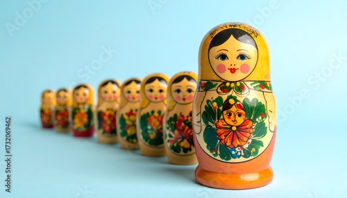 Nested wooden dolls in a row