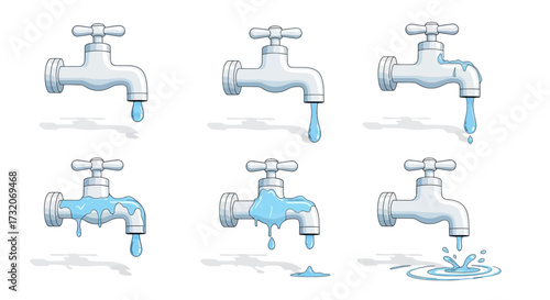 Set of six white water faucets with dripping water and splashes.