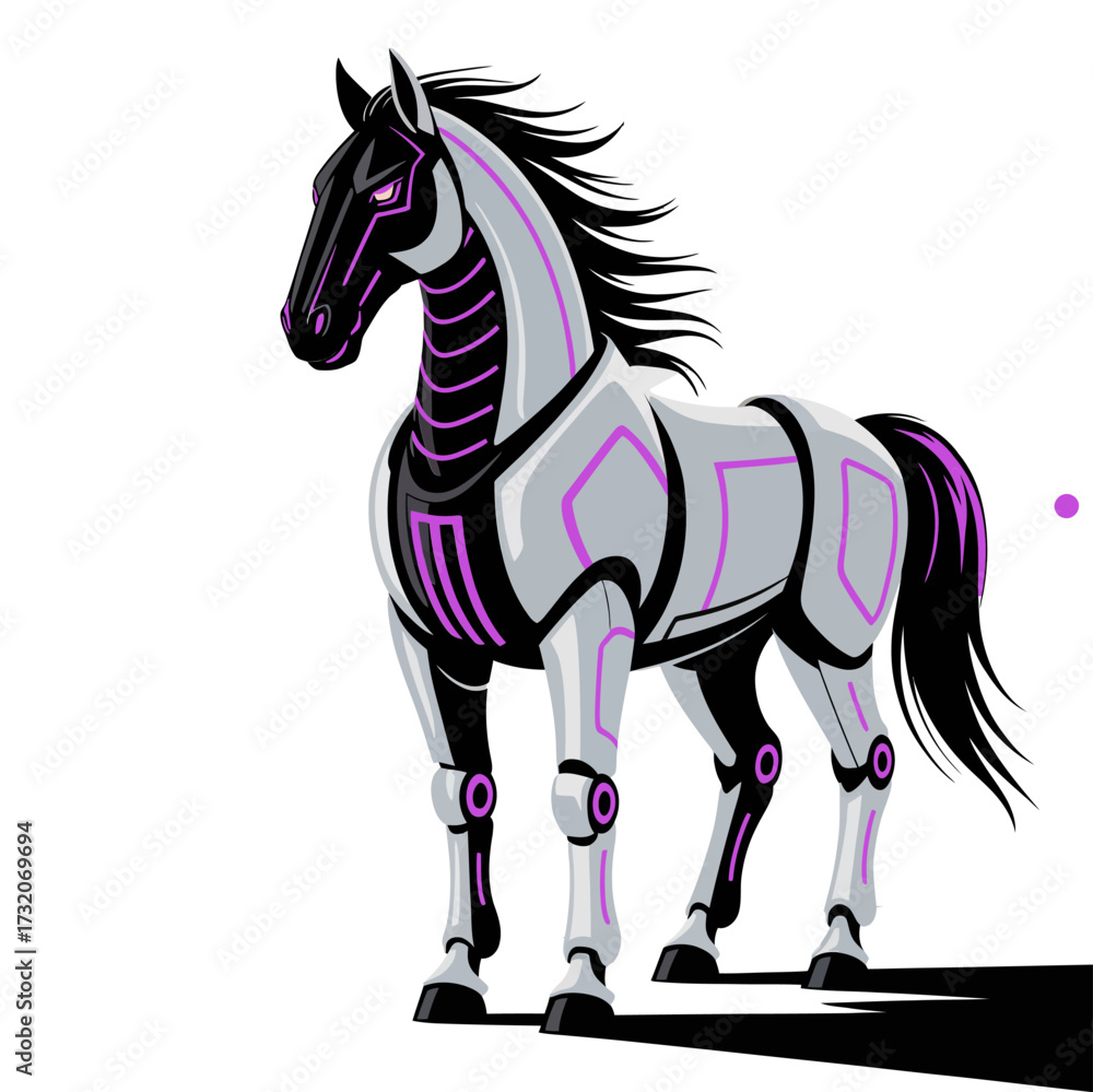Obraz premium Futuristic robot horse, metallic armor plates, purple circuit accents, powerful mechanical stallion, sci fi creature illustration, vector