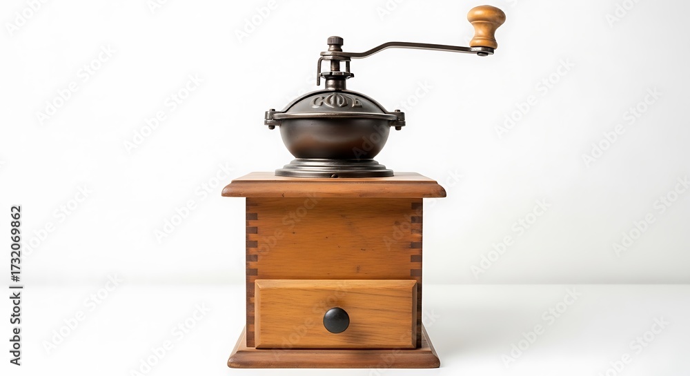 Naklejka premium Antique wooden manual coffee grinder with metal crank