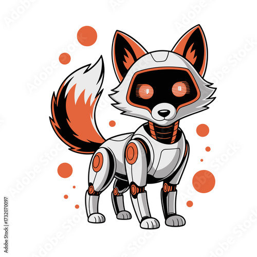 robot fox with orange spots, standing pose, glowing eyes, friendly guardian companion, futuristic pet mascot, vector artwork