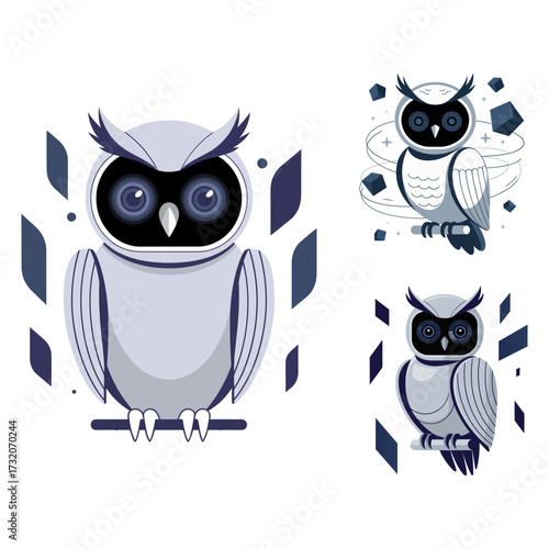 robot owl collection, big luminous eyes, perched feather panels, mechanical wings, smart technology bird bundle, vector illustration